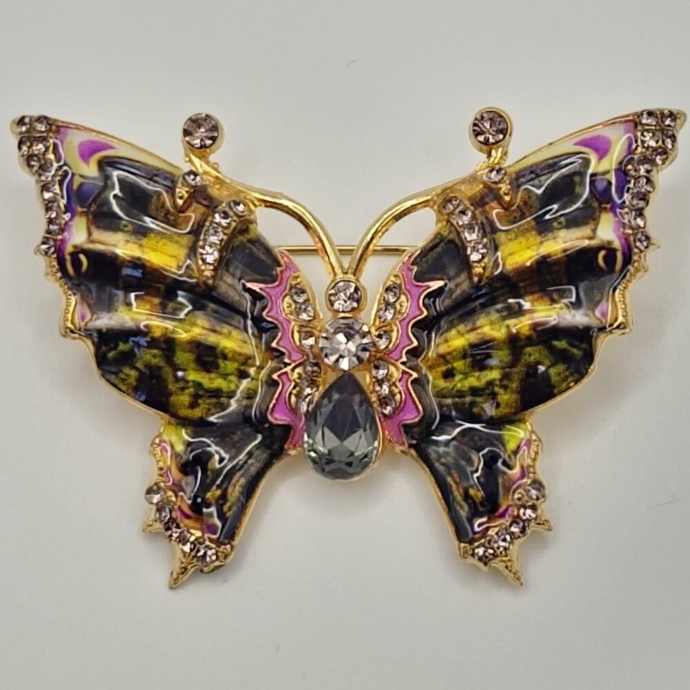 Butterfly Brooch Black & Yellow Enamel Pink Rhinestone Accents